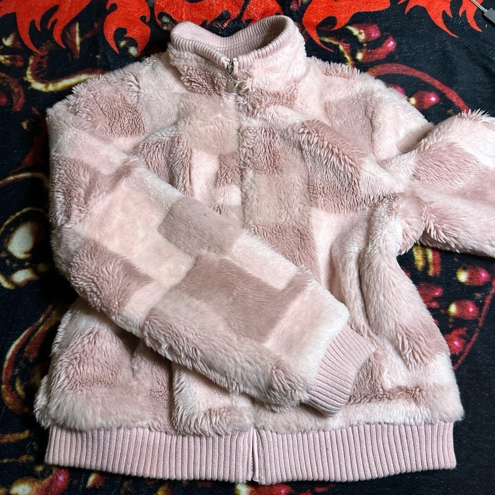 Espirit outerwear fuzzy pink patchwork zipup fleece